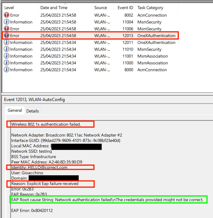 EAP log failure on Windows