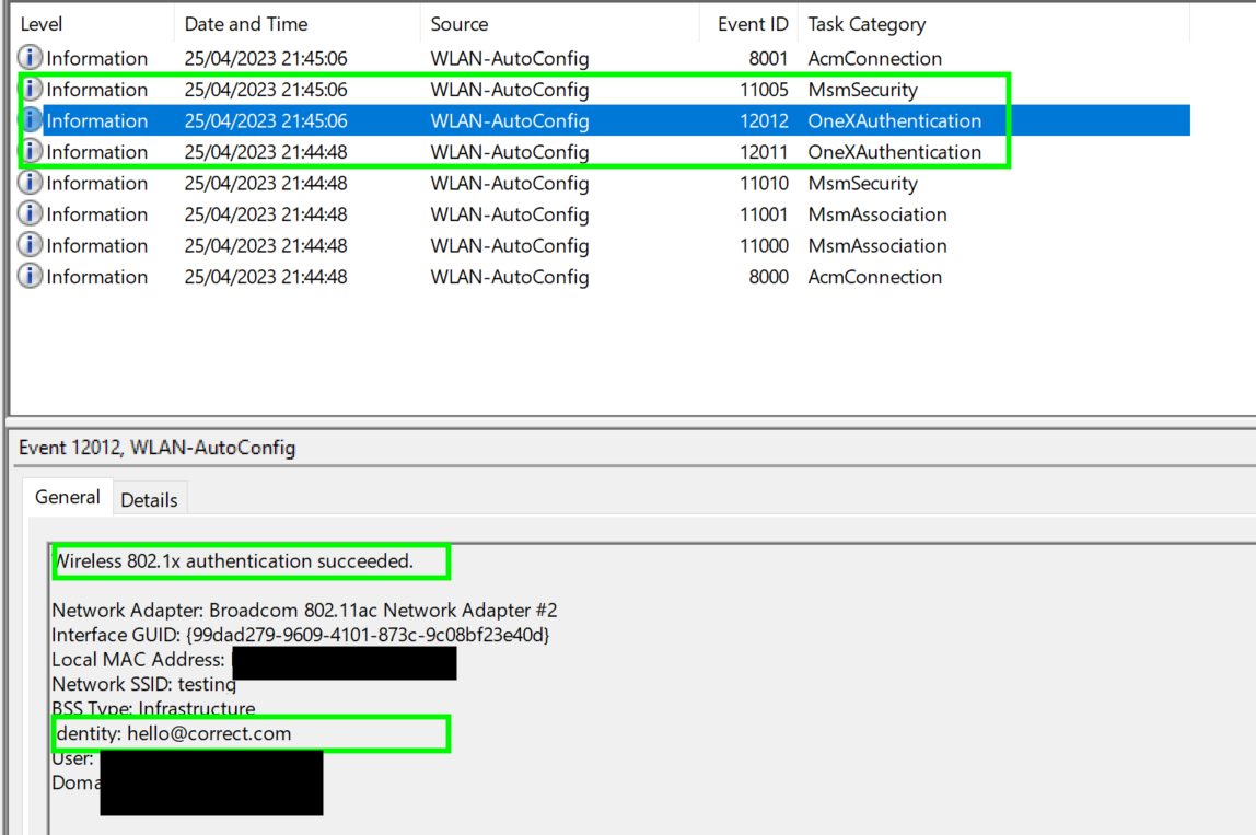 EAP log success on Windows